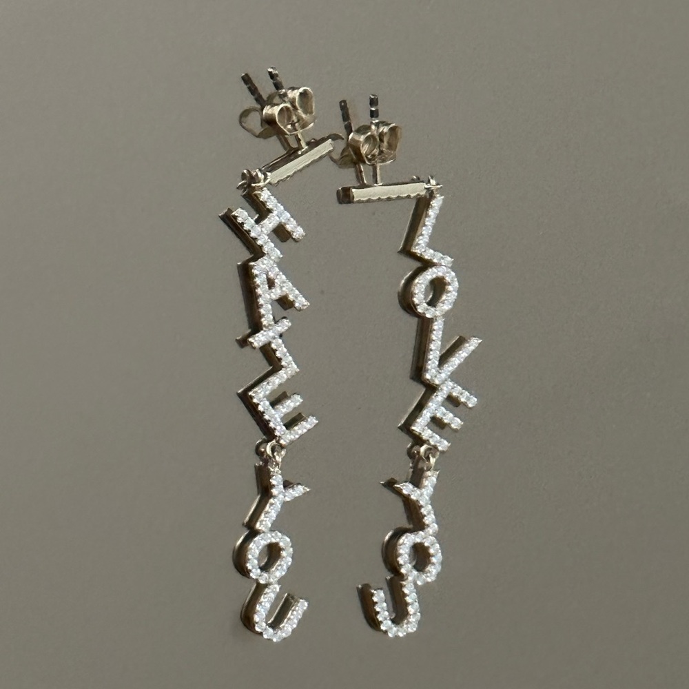 i hate you i love you dangly gold plated earrings